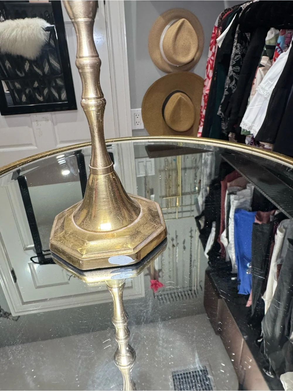 Brass Taper Candle Holder with Mirror Top - Gold